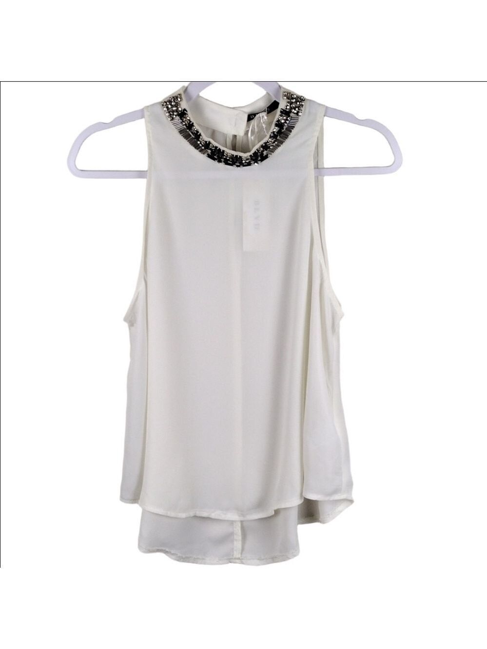 BLVD White Two Button Keyhole Jewel Embellished Collar Sleeveless High Low Top